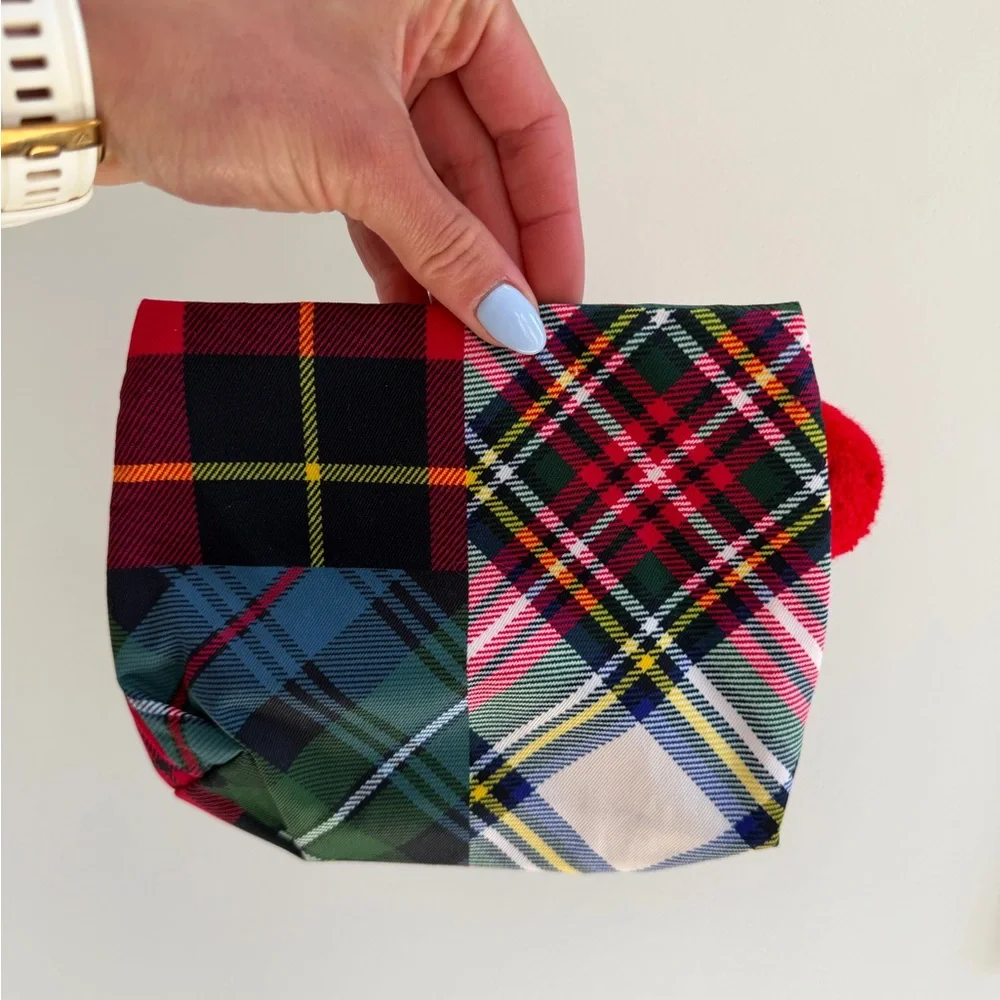 Estee Lauder Red and Green Tartan Cosmetic Pouch with Pom Pom